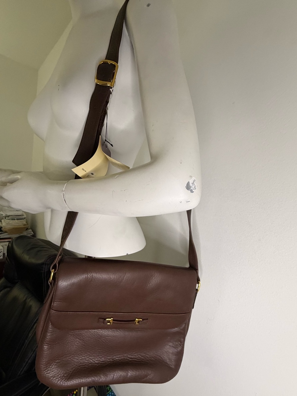 Etienne Aigner Dark Brown Leather Messenger Bag with Gold Hardware